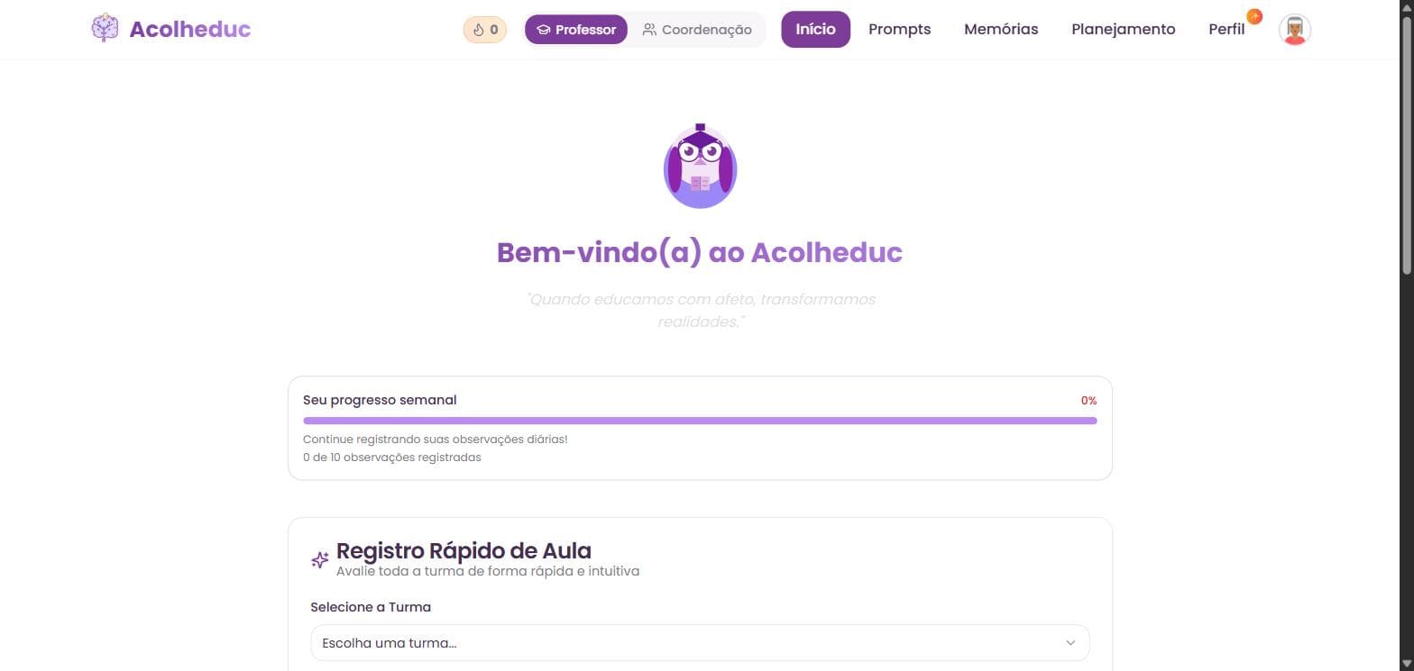 Tela inicial do professor no Acolheduc