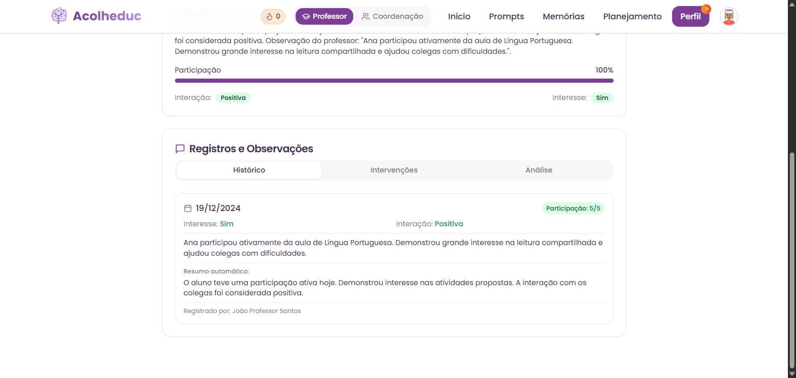 Aba Histórico com registro datado do aluno