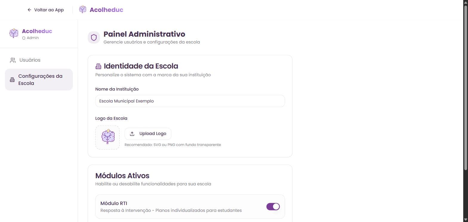 Configurações da escola, identidade e módulos ativos