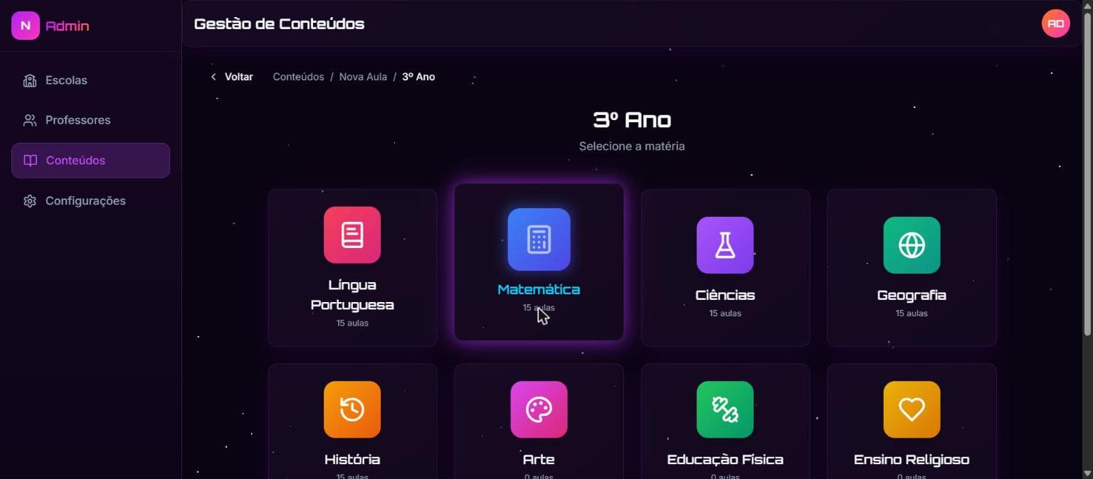 Seleção de matéria dentro da gestão de conteúdos do Nexus VR Edu