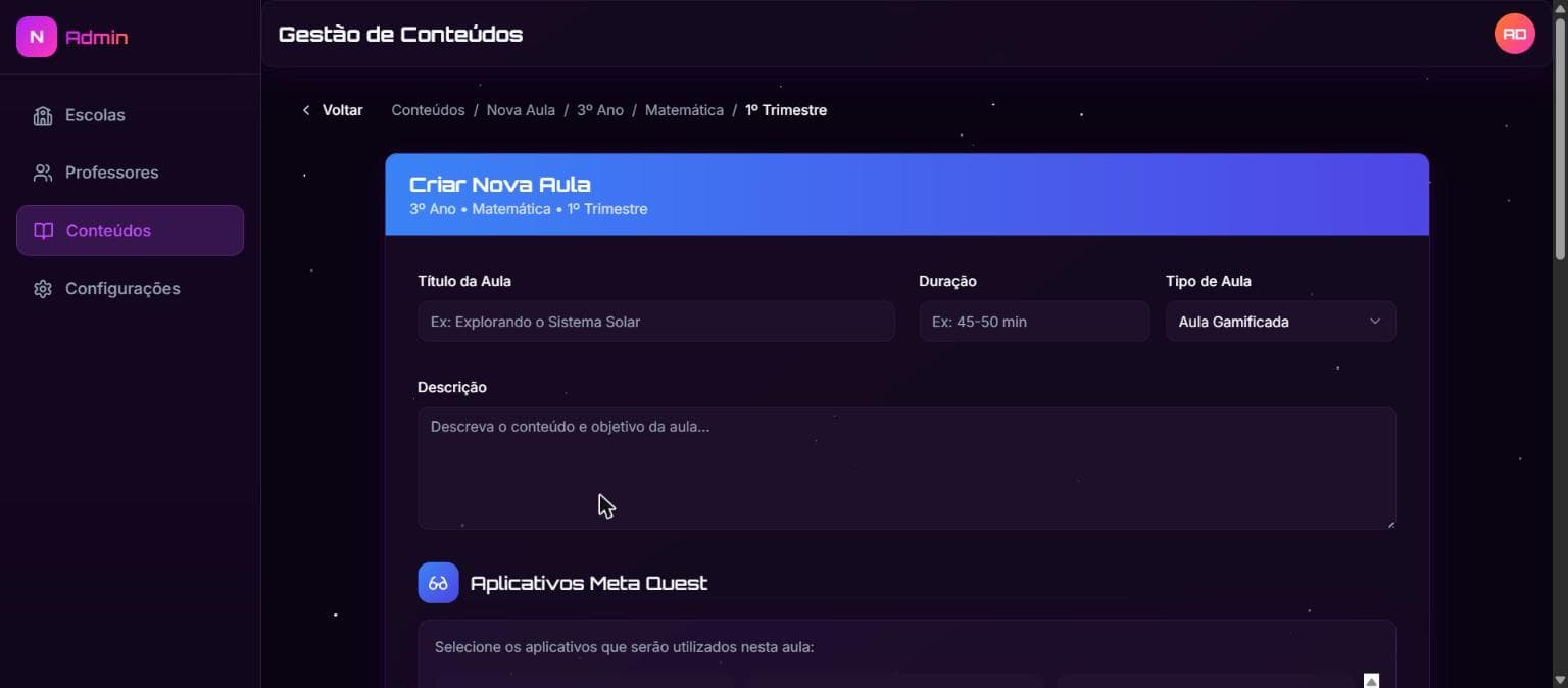 Formulário de criação de nova aula no Nexus VR Edu