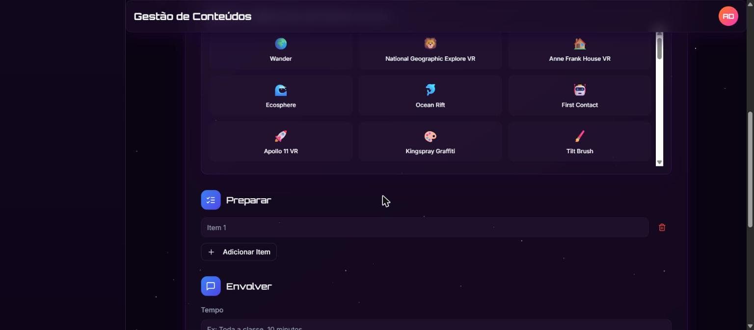 Seleção de aplicativos Meta Quest e roteiro da aula
